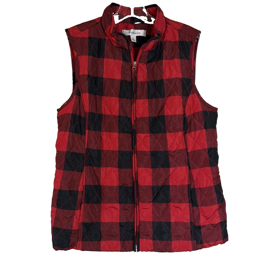 Croft & Barrow Womens Quilted Vest Red Black Plaid Lined Size Medium